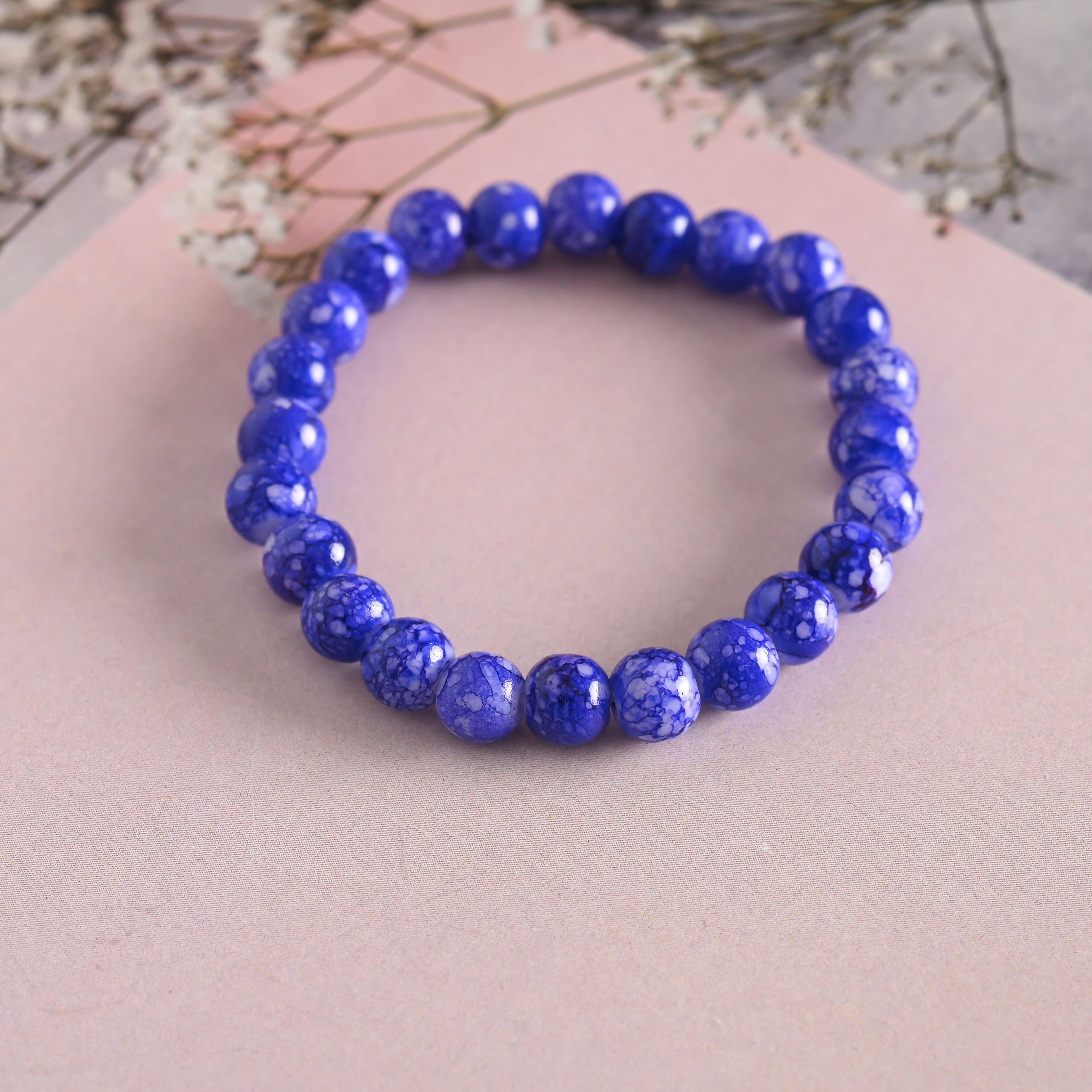 NVR Men & Women Blue Marbel Crystal Elasticated Bracelet