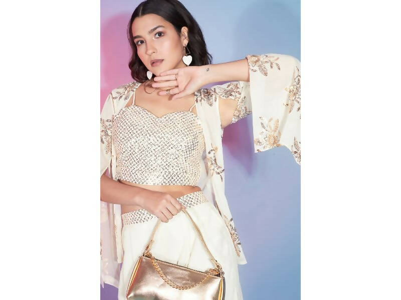 Off White Georgette Sequence With Thread Designer Co-Ord Set - Flory