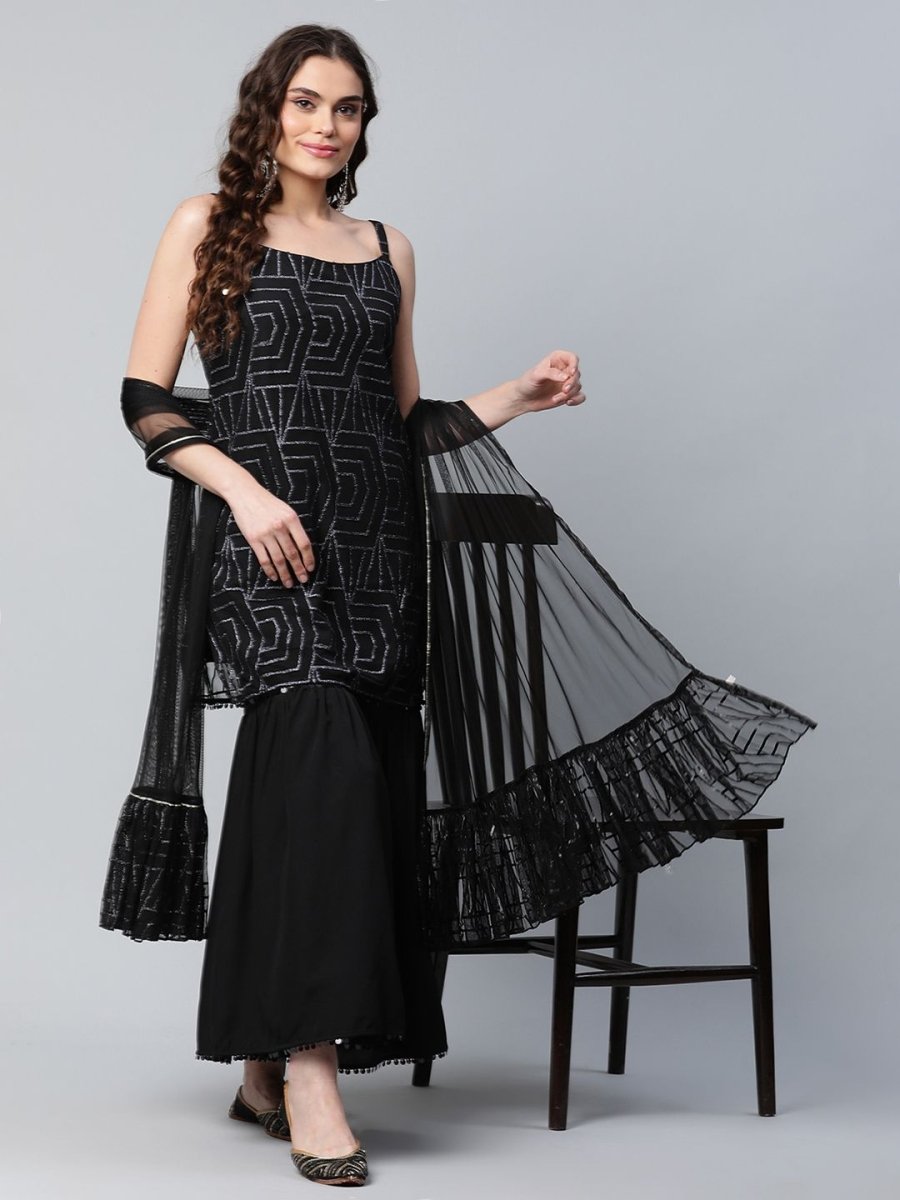 Ahalyaa Women Black Net Glitter Print Short Kurti With Sharara Dupatta Set