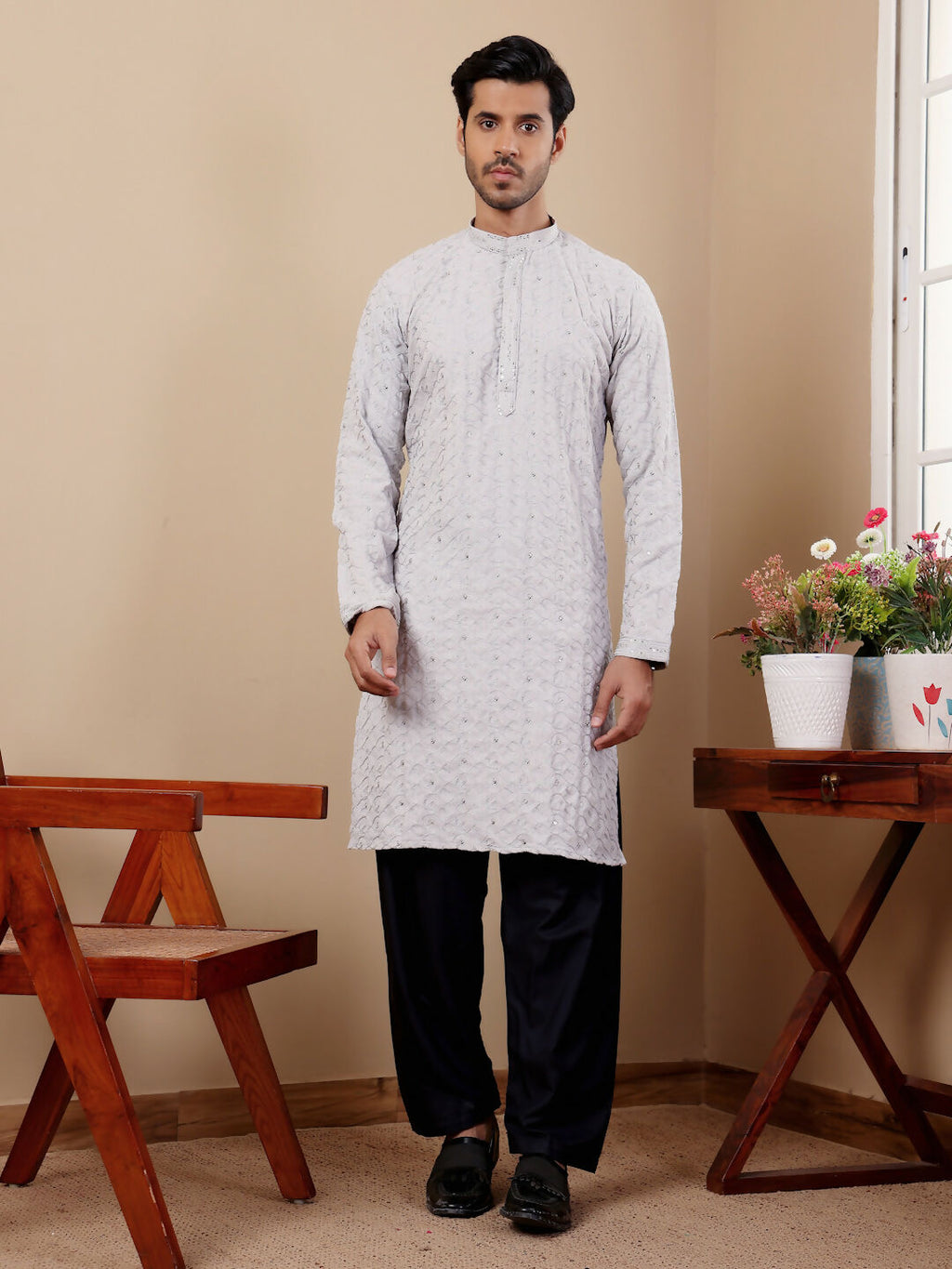 Light Blue Linen Designer Embroidery Work Men's Rajwadi Kurta Set - Mahotsav