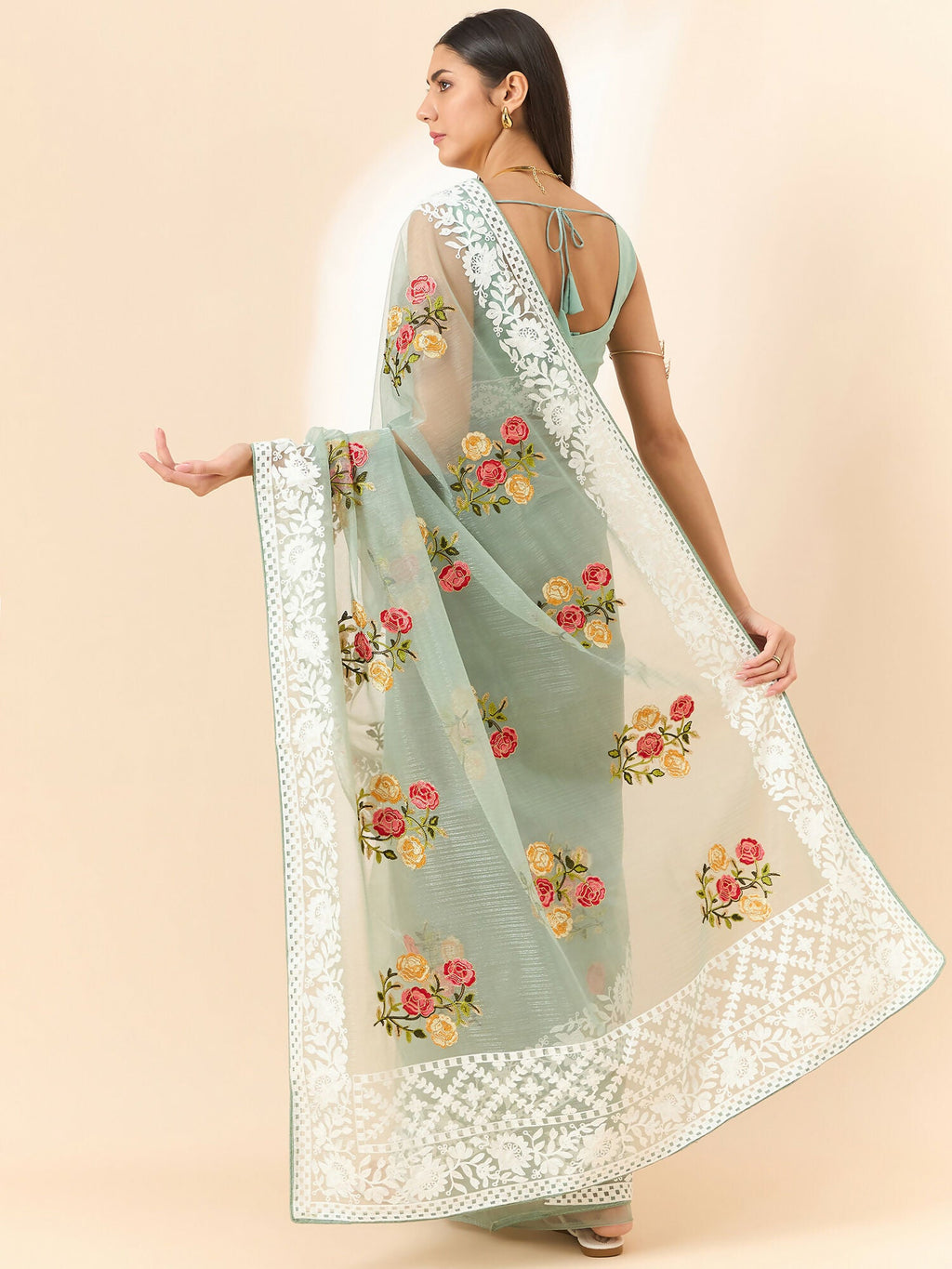 Green Organza Floral Embroidered Saree with Unstitched Blouse Piece - Roozal