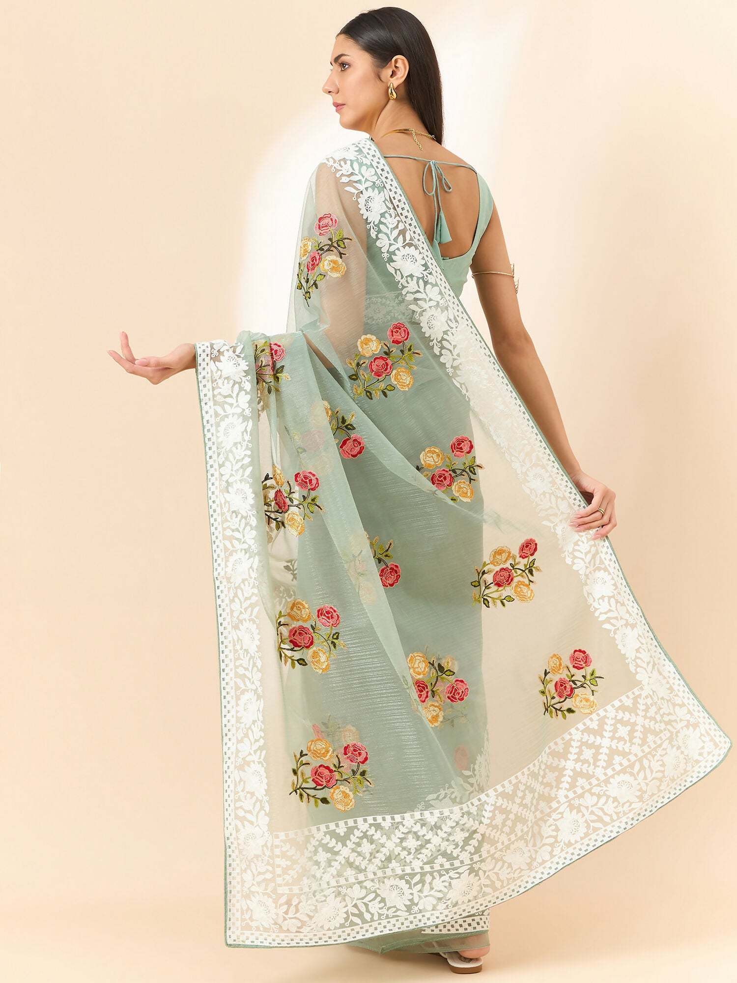 Green Organza Floral Embroidered Saree with Unstitched Blouse Piece - Roozal