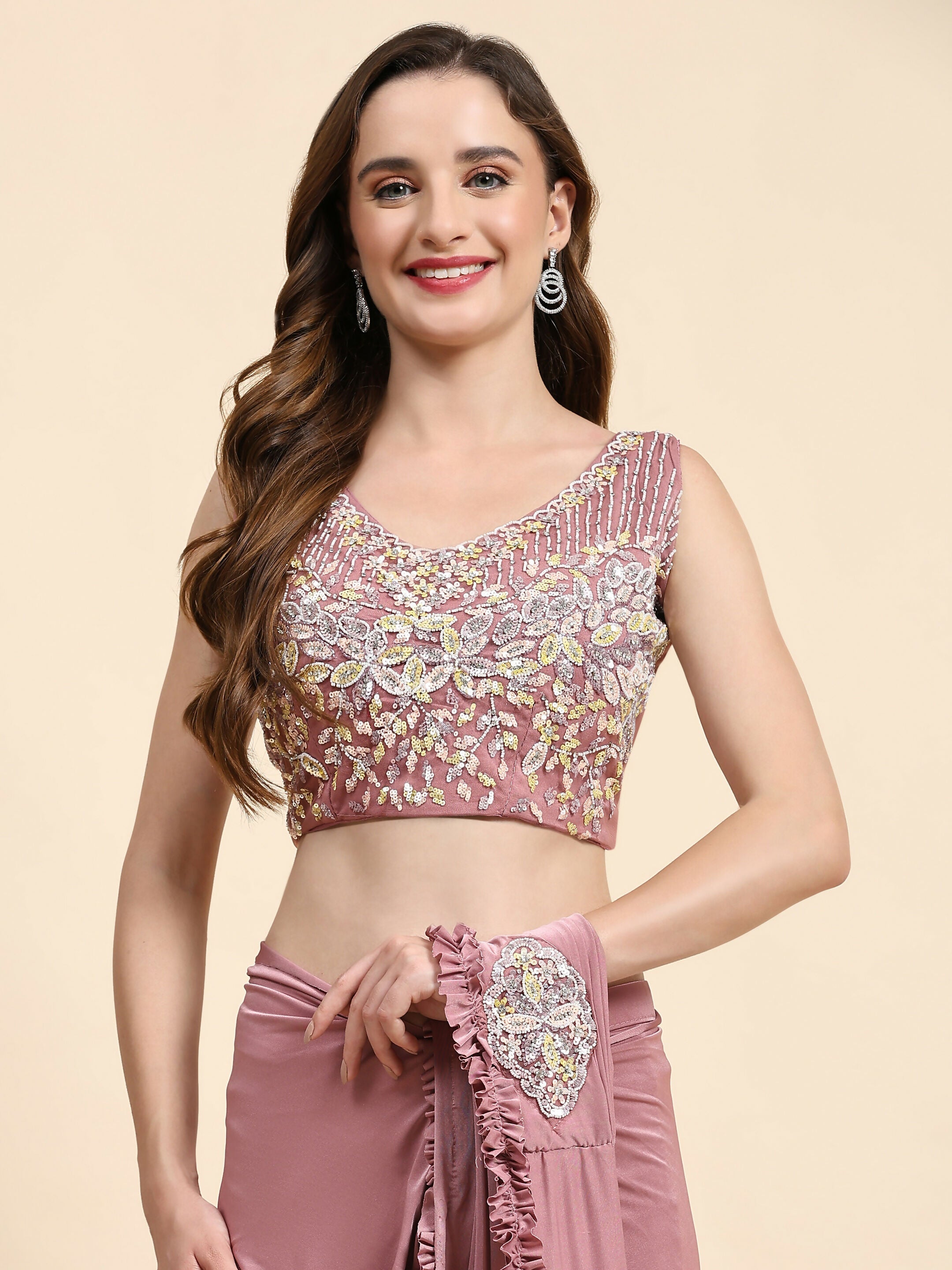 Pink Lycra Solid Ready to wear Saree with stitched Blouse - Vanita