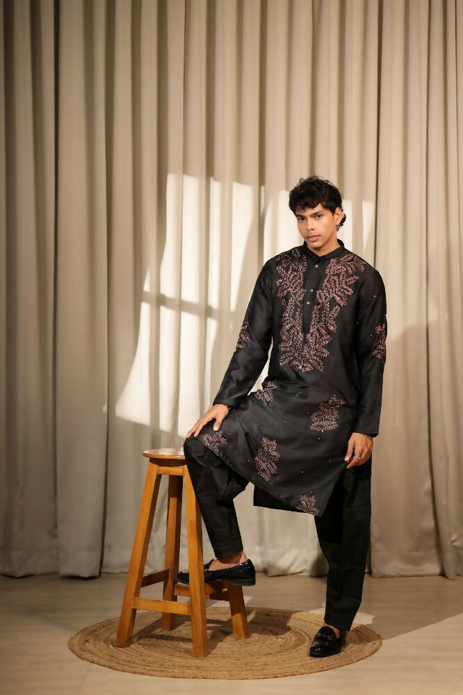 Black Greek Satin Designer Embroidery Work Kurta Set - Mahotsav