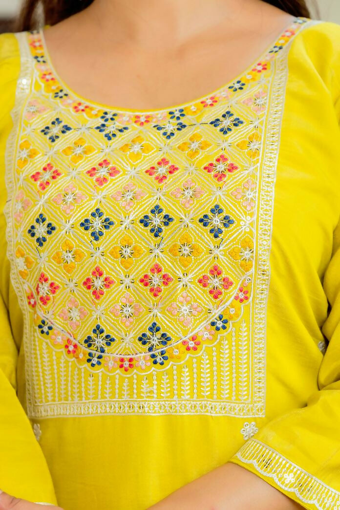 The52 Yellow Women's Beautiful Embroidered Viscose Shimmer Fabric with Straight Kurta, Pant and Dupatta Set