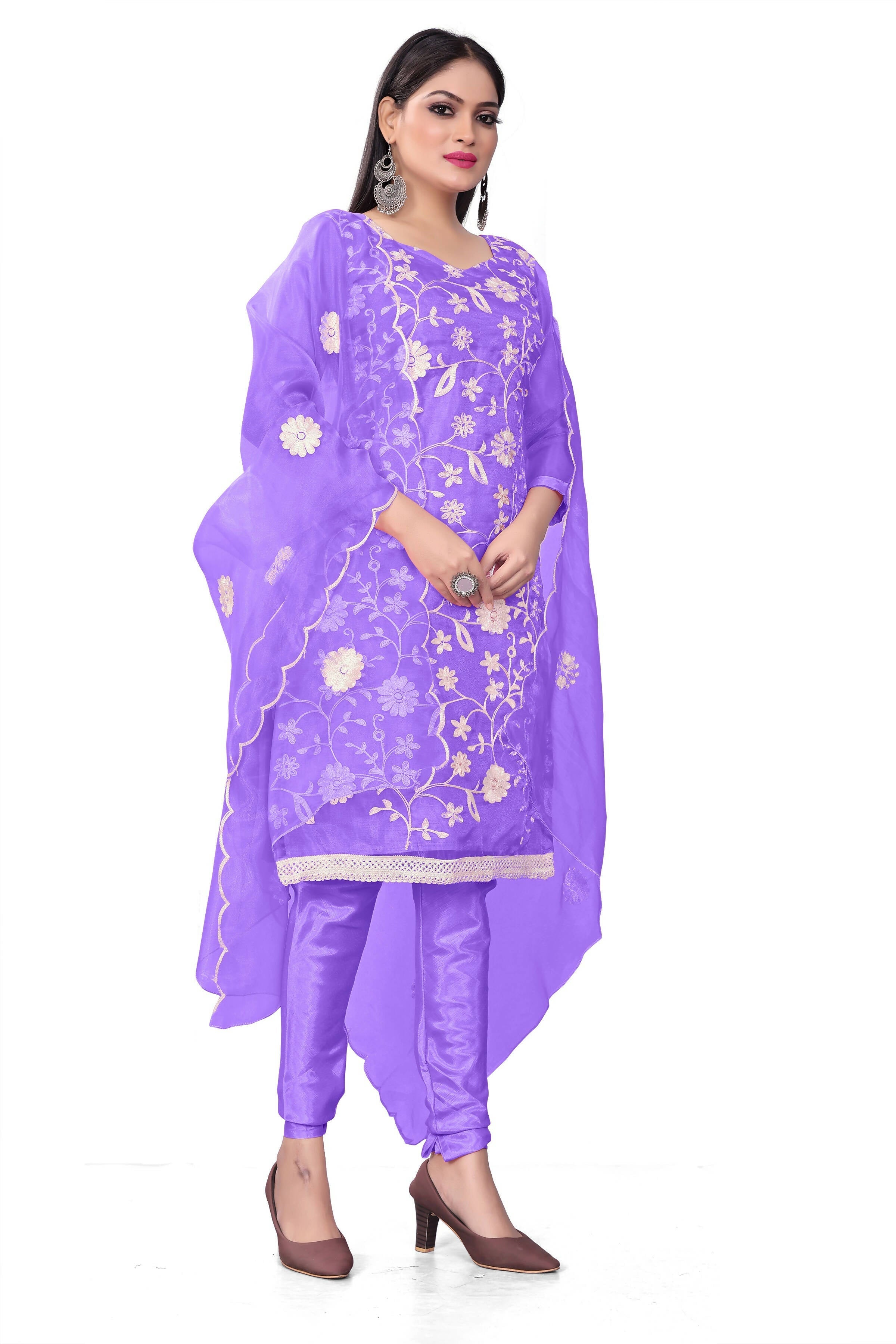 Lavender Organza Silk Embroidered Work Unstitched Dress Material - Tanvi