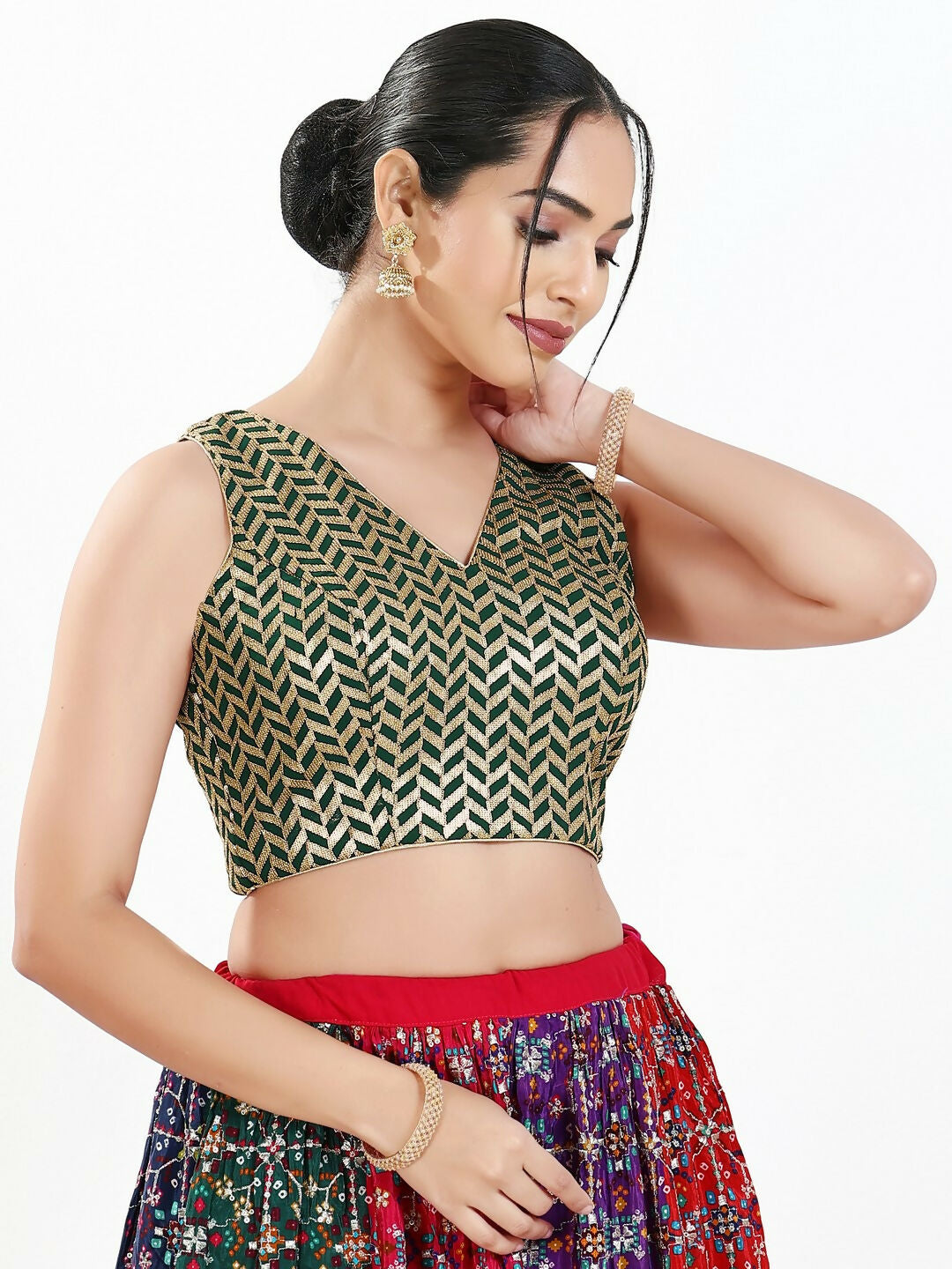 Joban Fashion Bottle Green Silk Padded Blouse With Sweetheart Neck Sleeveless
