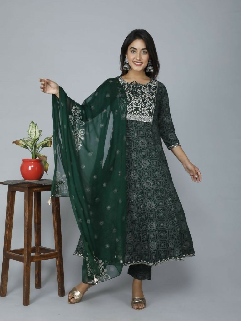 Alvano Women's Attractive And Stylish Rayon Anarkali Kurta With Pant And Dupatta