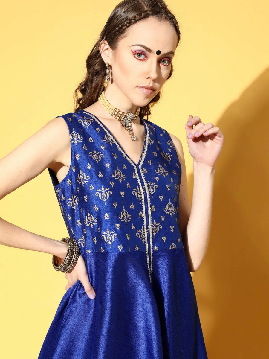 Ahalyaa Women Royal Blue Colour Poly Silk Printed Kurta Palazzo Set