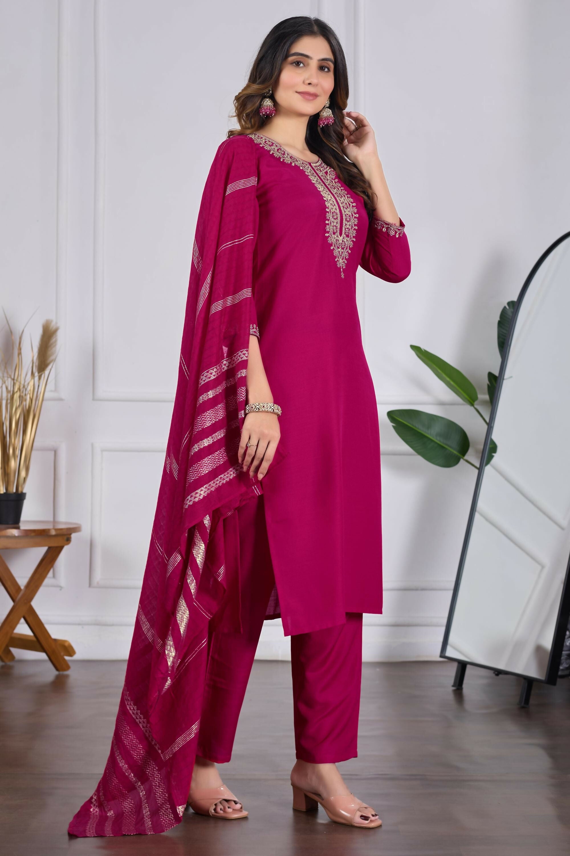 The52 Pink Women's Beautiful Embroidered Rayon Slub Fabric with Straight Kurta, Pant and Dupatta Set