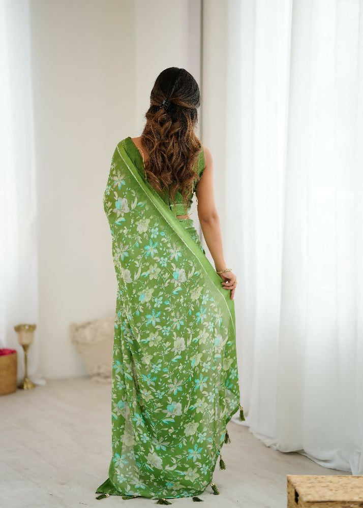 PR Fashion Green Bright Moss Satin Patta Printed Saree