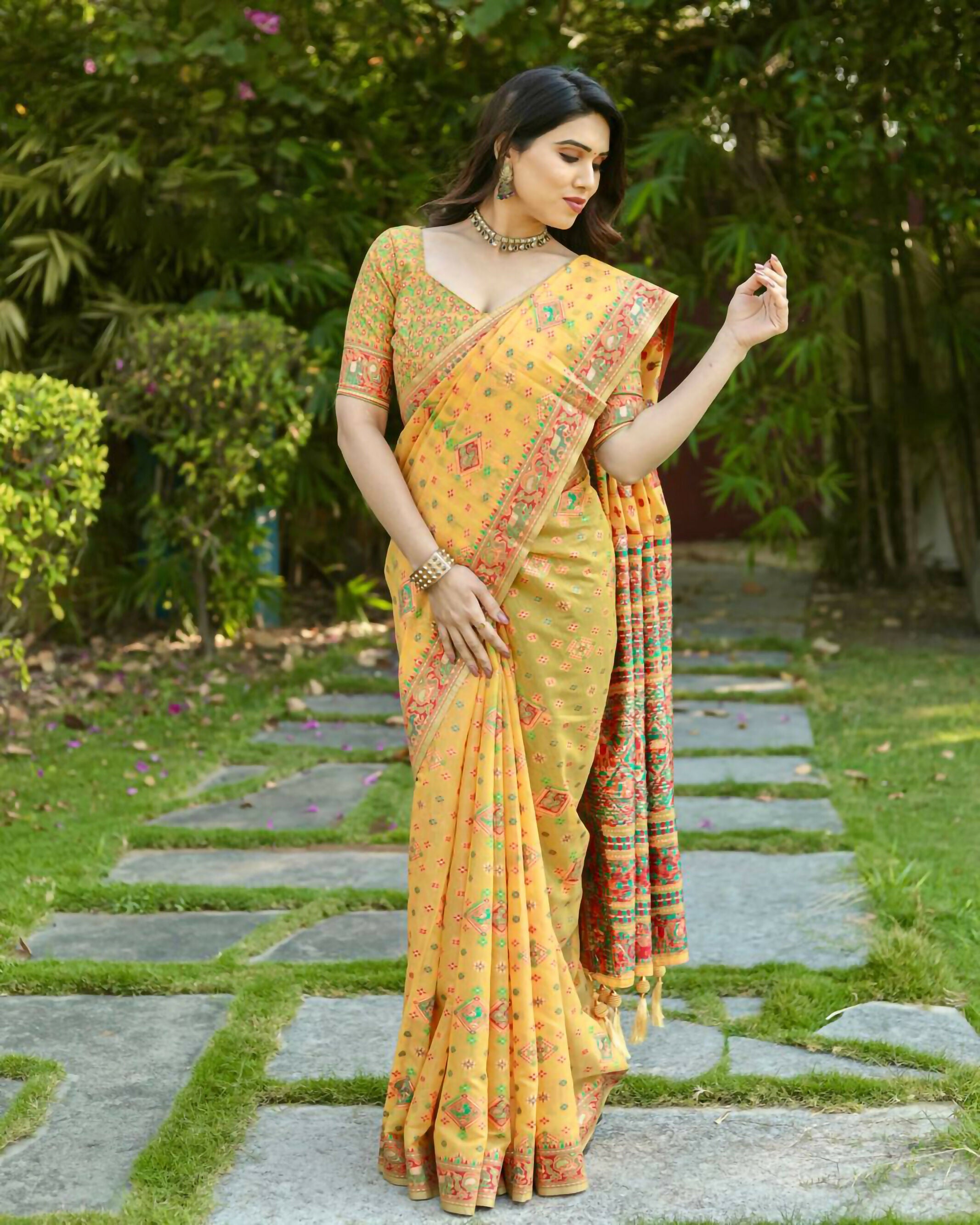 Vastranavya Luxury and Beautiful Soft, Smooth, Flowing Original Pashmina Soft Cotton Saree with Matching Blouse Fabric - Yellow