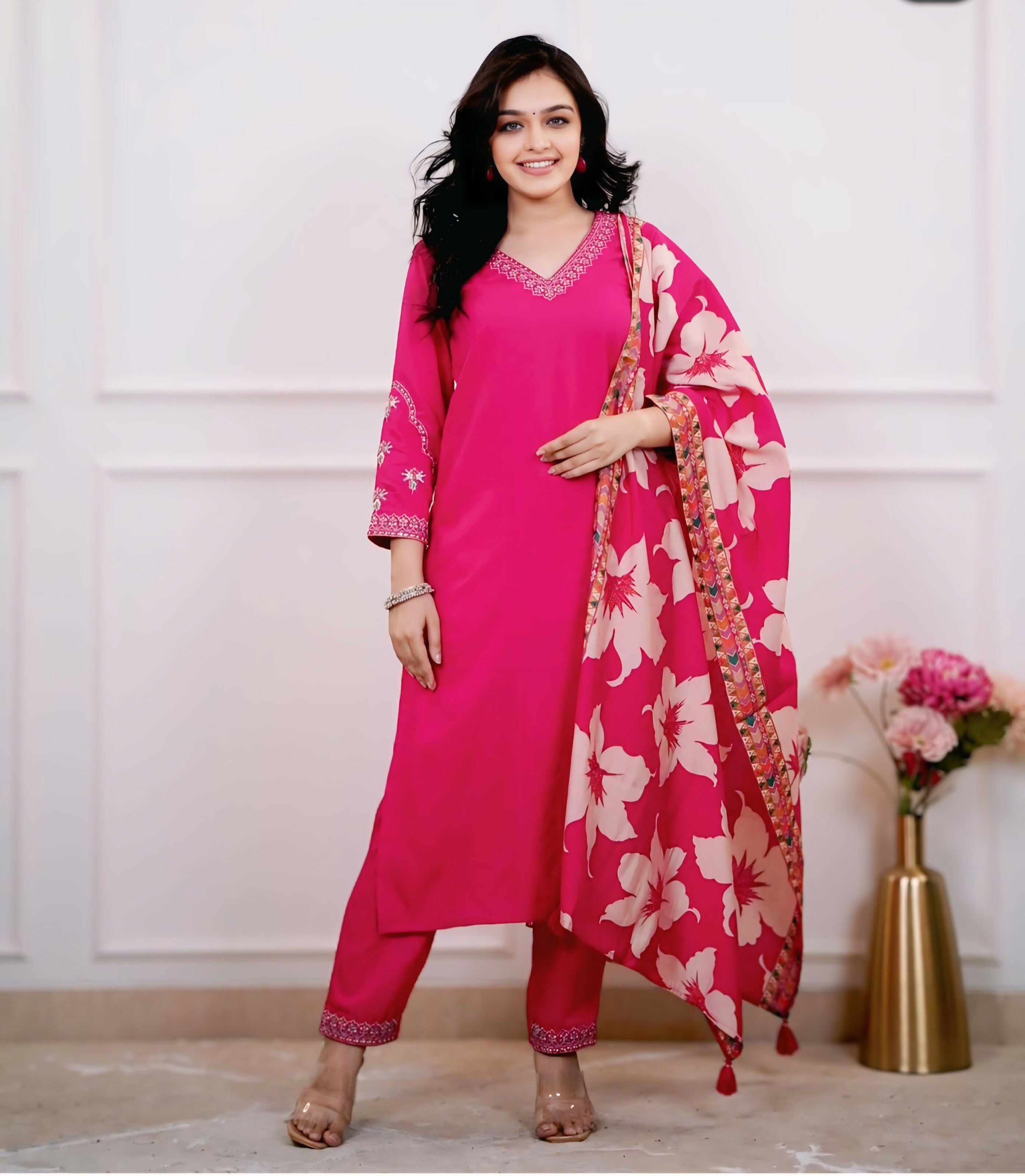 The52 Pink Women's Beautiful Viscose Silk Fabric Embroidered Work Straight Kurta Pant and Dupatta Set