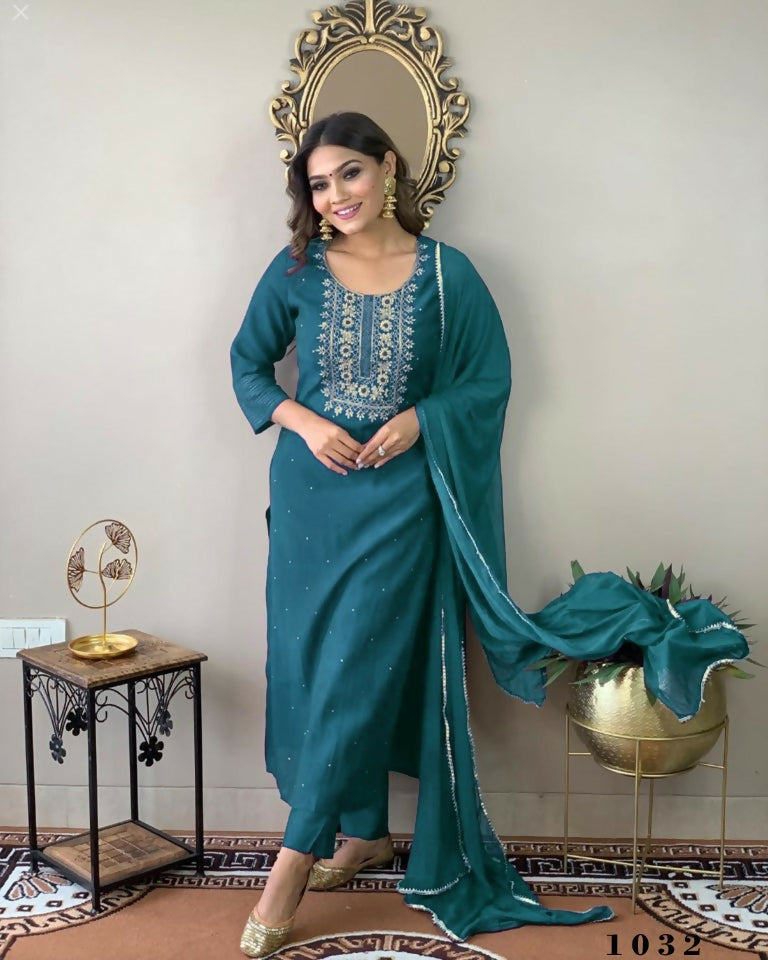 Partywear Designer Firozy Rayon Slub Stitched Suit With Dupatta - Tanisha