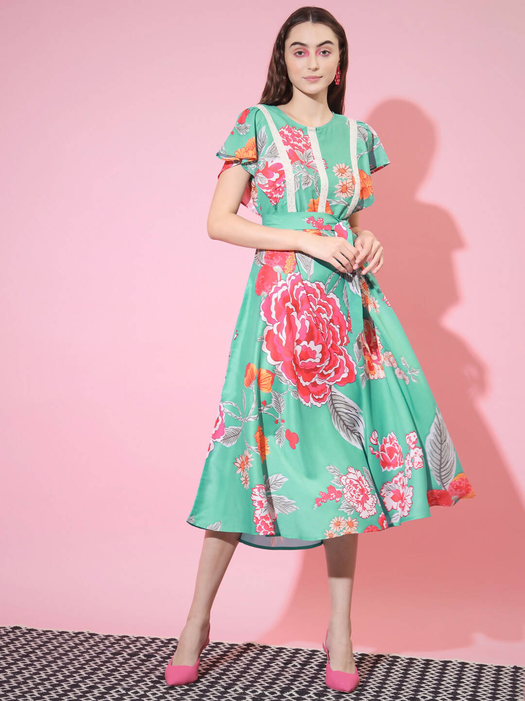 Myshka Women's Green Floral Printed Empire Dress