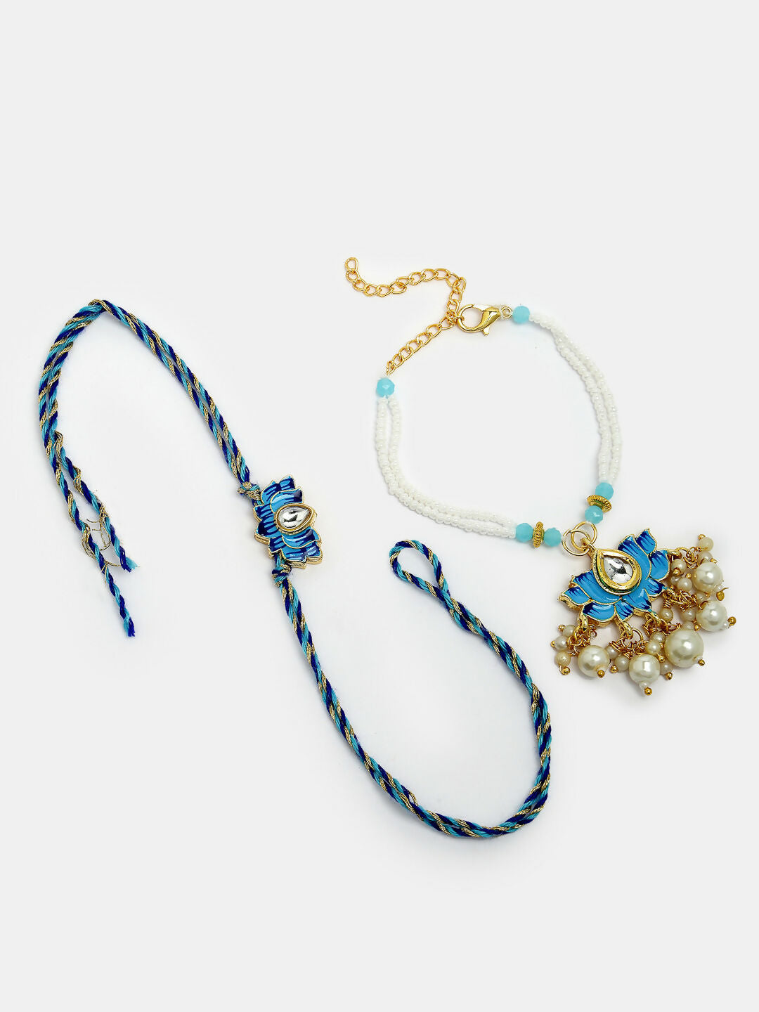 NVR Women & Men Set of 2 Blue Lotus Shape Kundan-Studded & Beaded Wraparound Rakhi Set With Roli Chawal & Chocolate