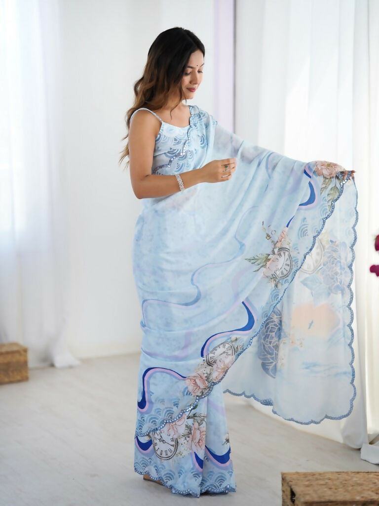 Sky Blue Chinon Designer Digital Printed,Mirror Cut Work Saree - Elayna