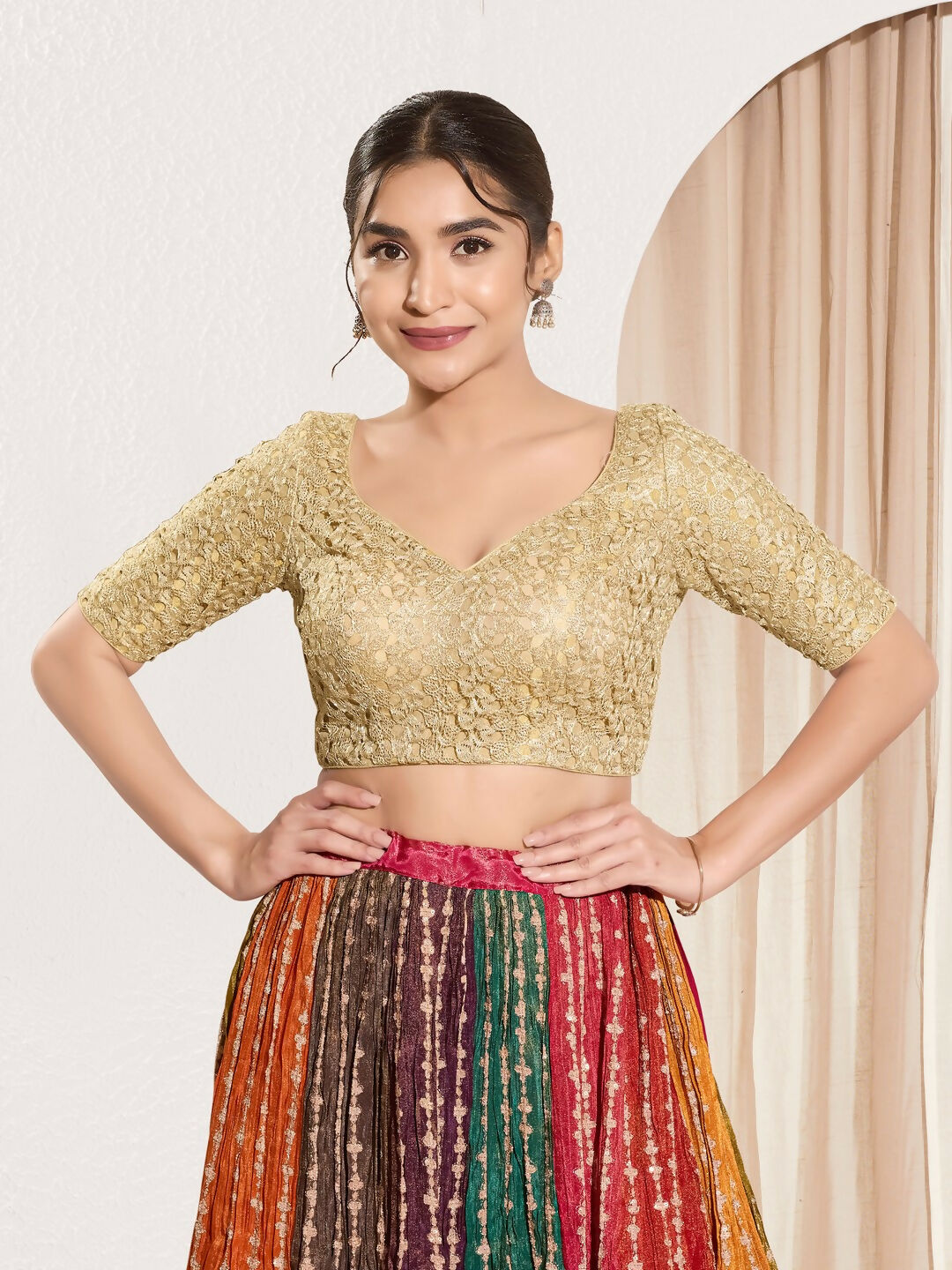 Joban Fashion Gold Crochet Padded Blouse With Sweetheart Neck Elbow Sleeves