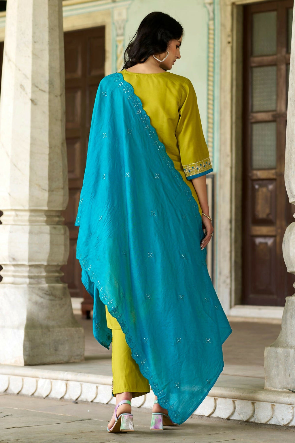 The52 Lemon Beautiful Embroidered Viscose Chanderi Fabric Straight Kurta Pant with Dupatta Set