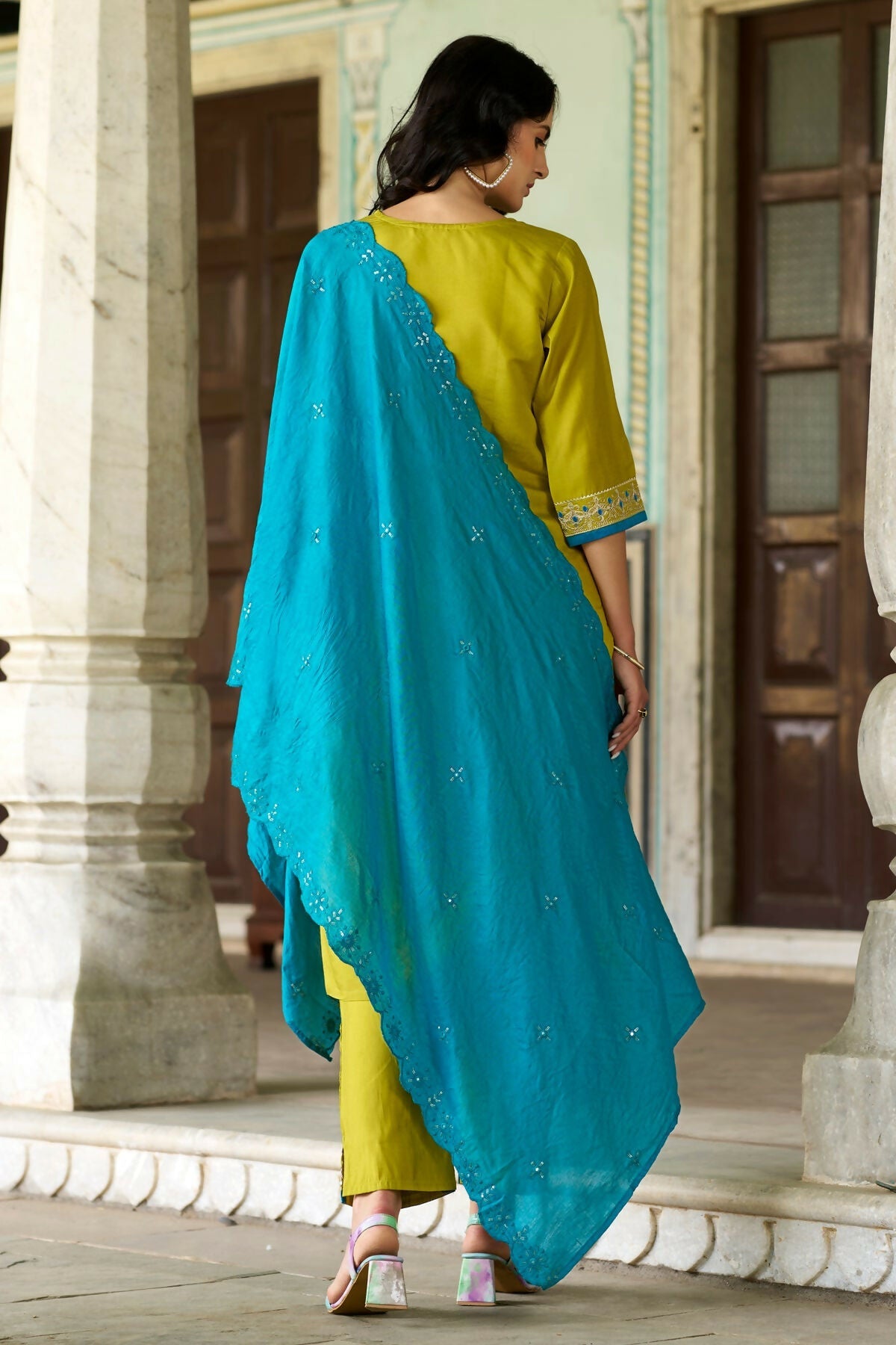 The52 Lemon Beautiful Embroidered Viscose Chanderi Fabric Straight Kurta Pant with Dupatta Set