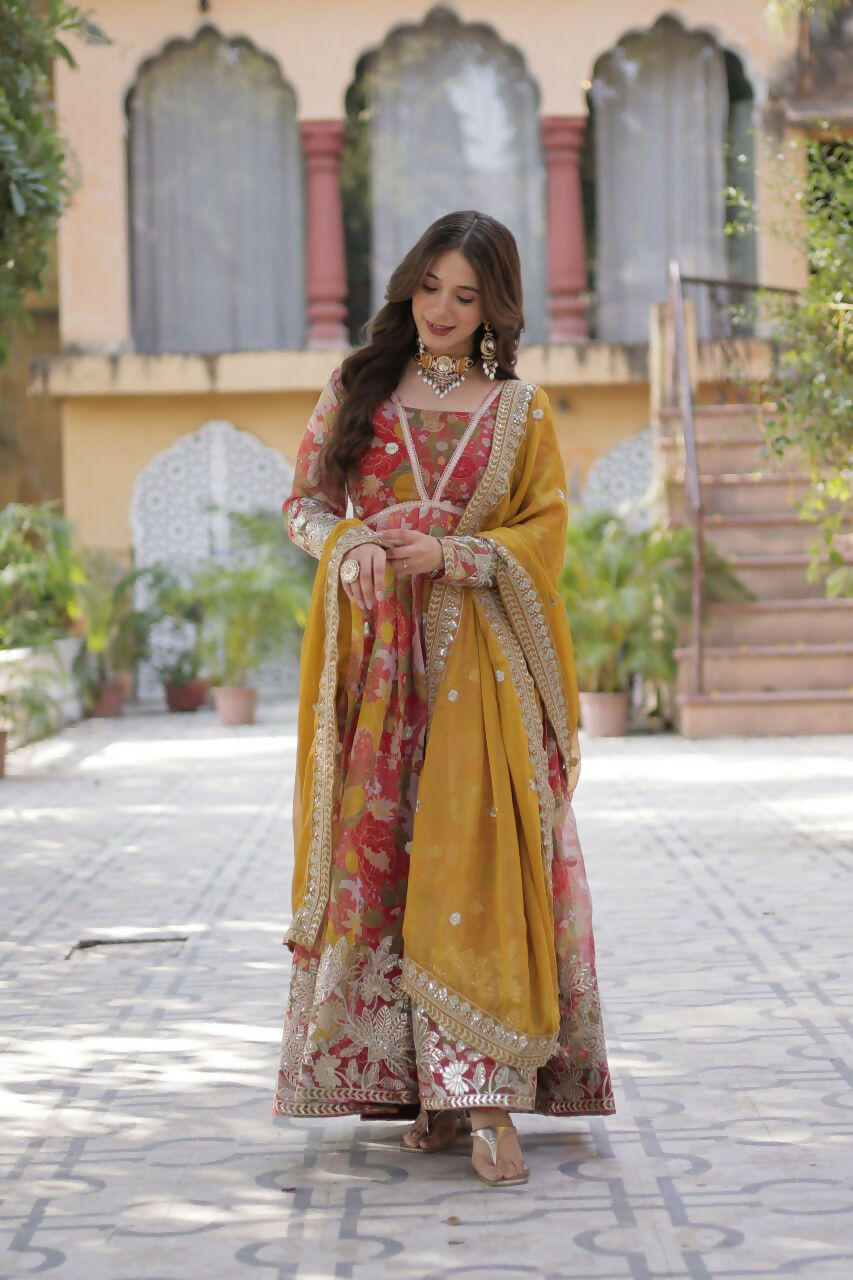 Vastranavya Multicolor Russian Silk Foil Embroidery with Zari Sequins & Digital Printed Gown Dupatta