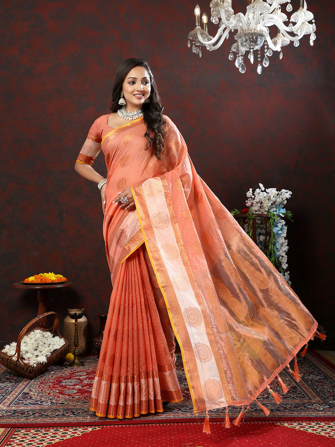 Lorenvalley Fashion Peach Cotton with Woven Design Zari Weaving Saree