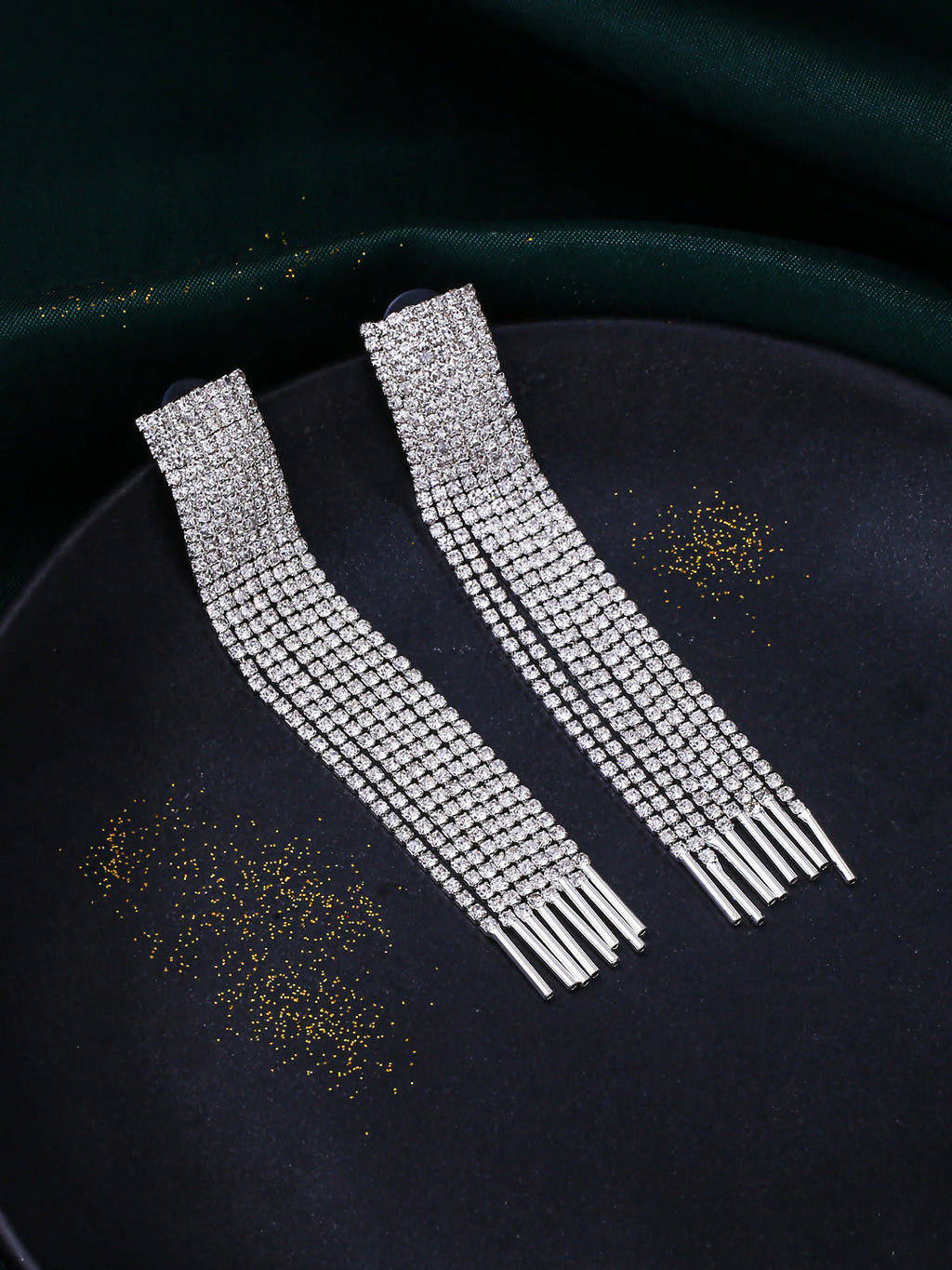 NVR Women Silver Toned Contemporary Ad Studded Drop Earrings