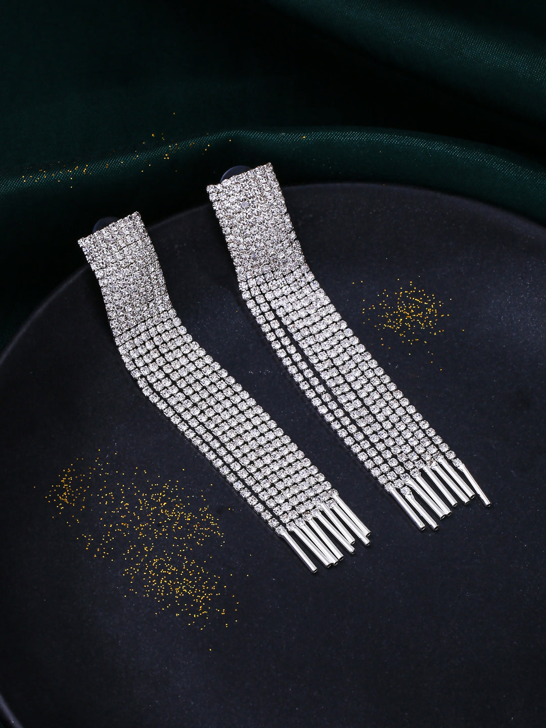 NVR Women Silver Toned Contemporary Ad Studded Drop Earrings