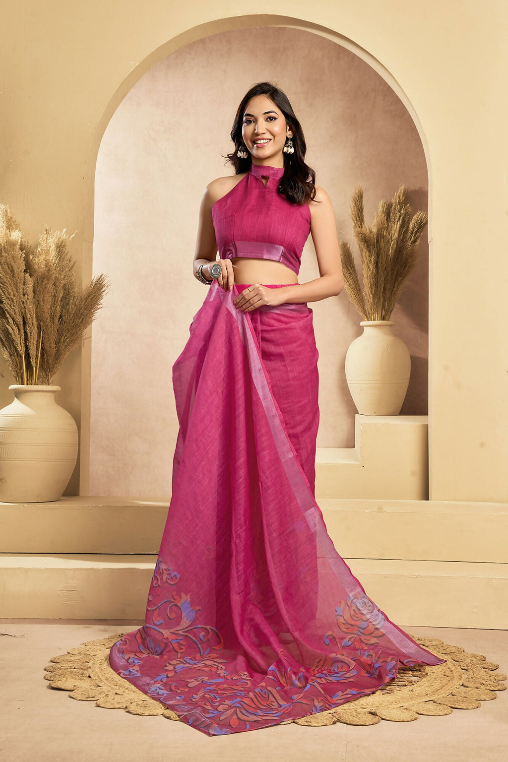Vastranavya Pink Digital Printed Linen Ready To Wear Designer Saree with Unstitched Blouse