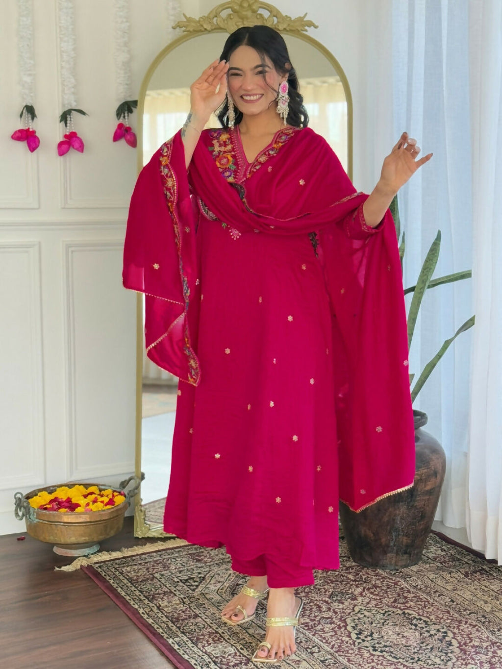The52 Rani Women's Beautiful Embroidered Work Vichitra Silk Fabric Straight Kurta Pant and Dupatta Set