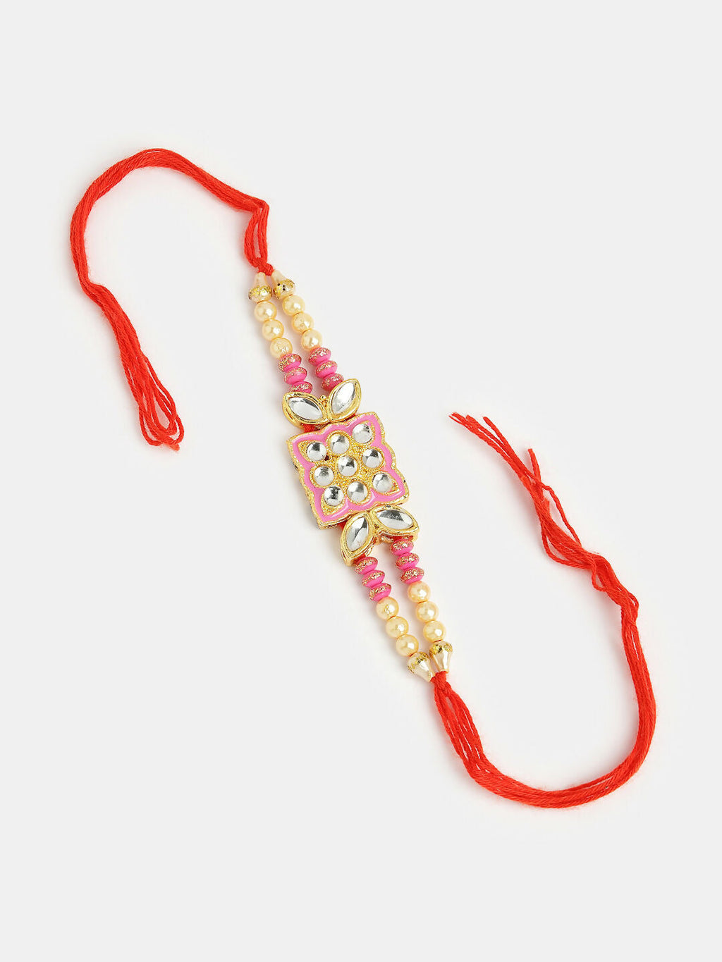 NVR Men Pink & Gold-Toned Kundan-Studded Rakhi With Roli Chawal