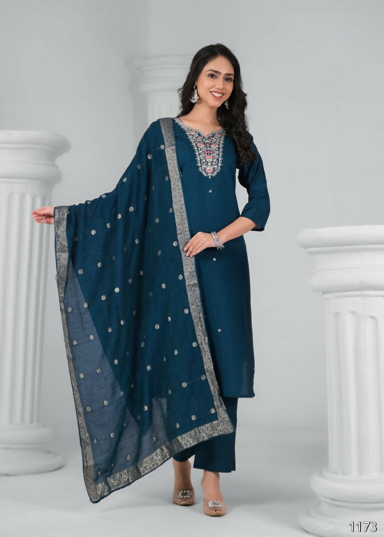 Ethnic Festive Wear Chanderi Rama Stitched Suit With Dupatta - Tanisha
