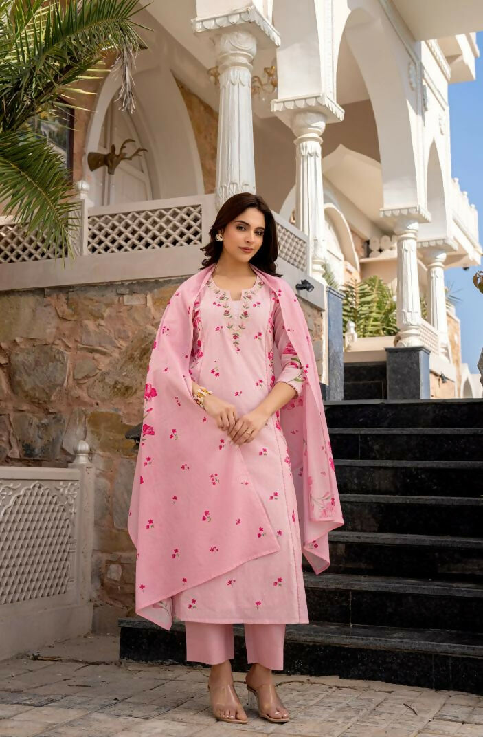 The52 Pink Women's Beautiful Chanderi Fabric Printed Work Straight Kurta Pant and Dupatta Set