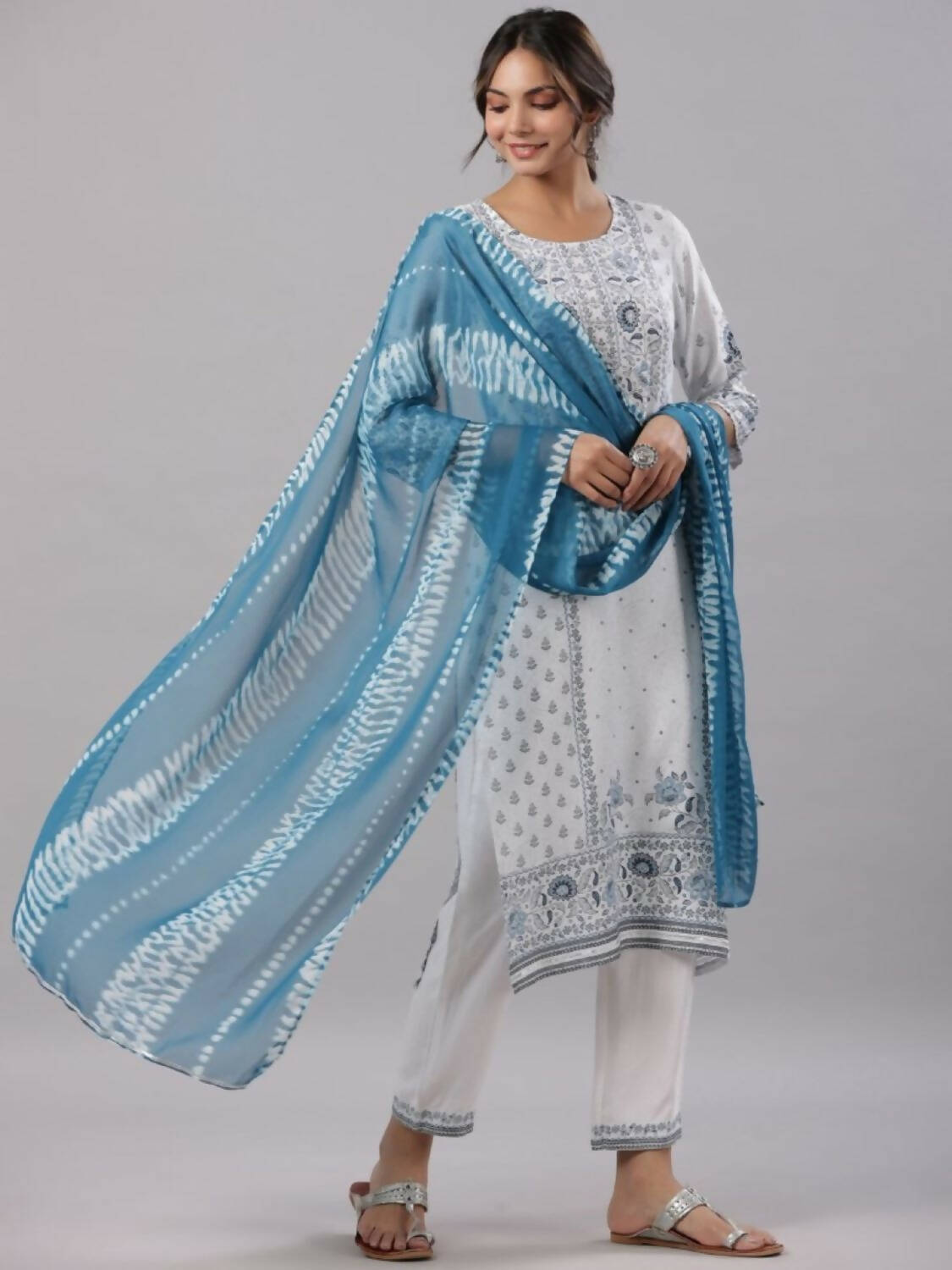Juniper Women Sky-Blue Rayon Staple Kalamkari Printed Kurta, Pants and Dupatta Set