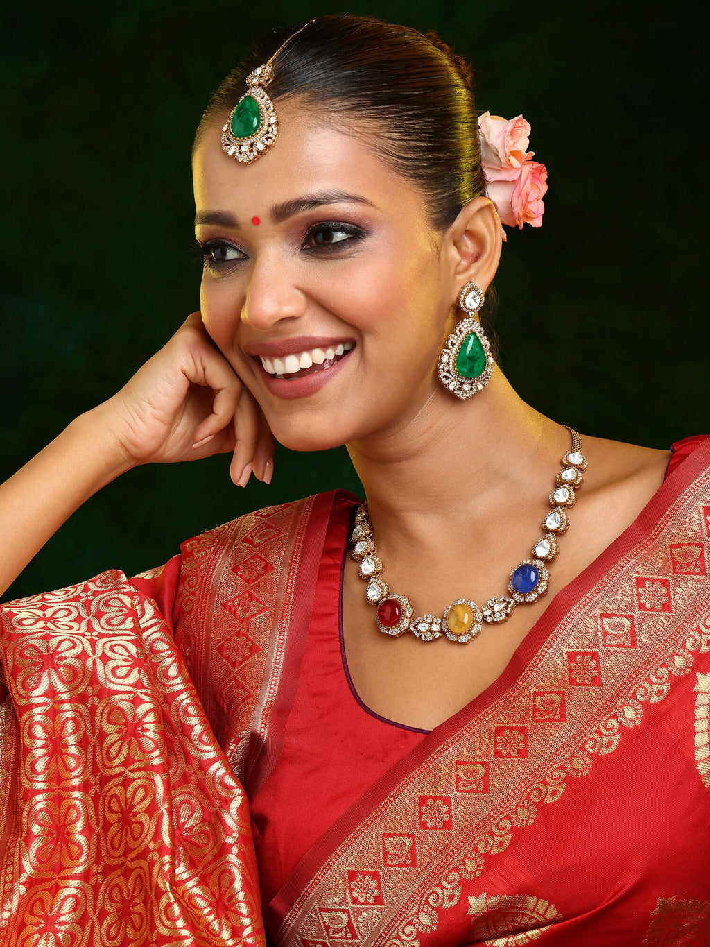 Ruby Raang 22k Gold Polished Stonework Kundan Necklace With Earrings And Maang Tikka