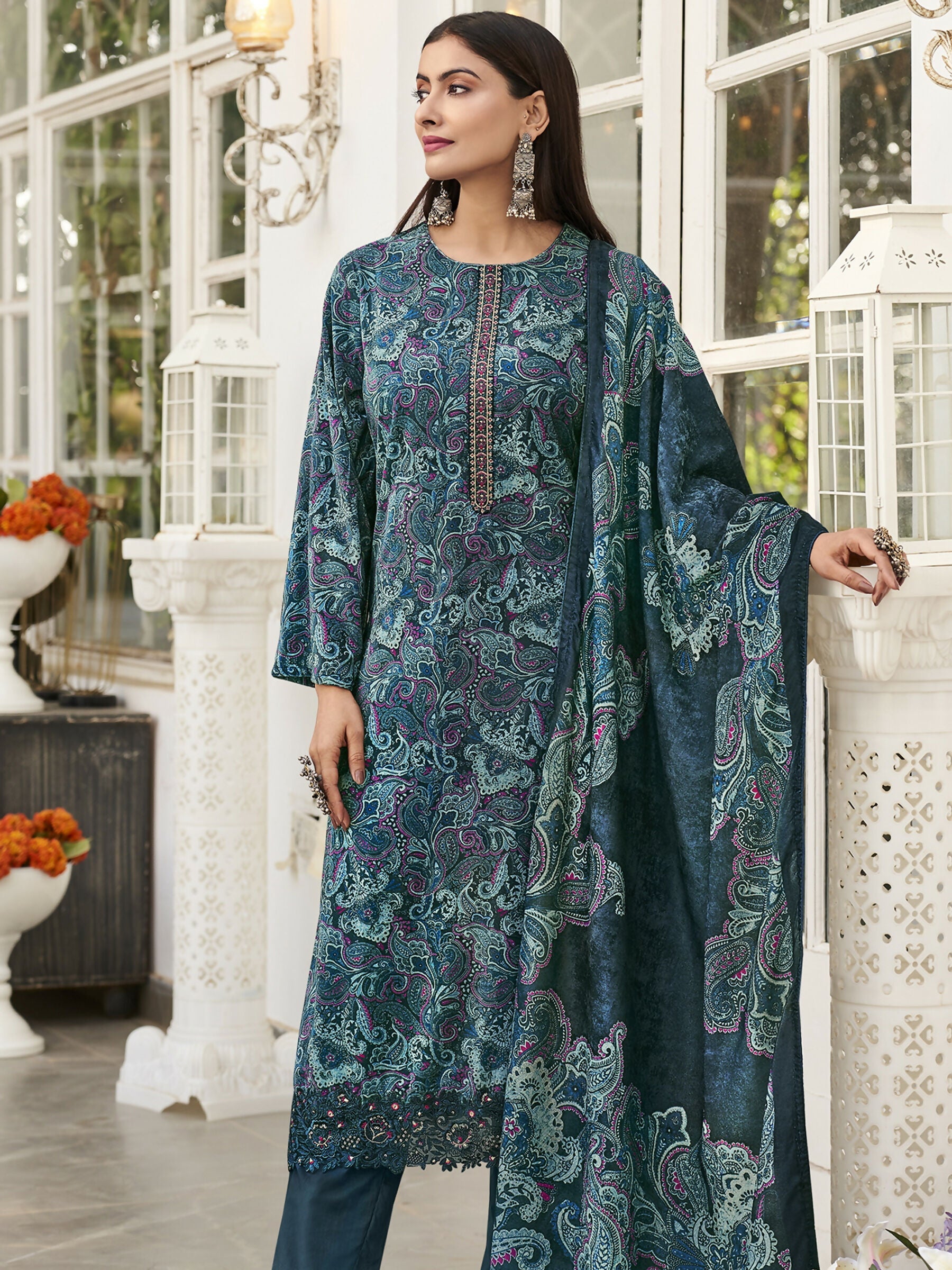 Jyoti Fashion Women's Navy Blue Velvet Digital Print with Resham Thread work Kurta with Trouser & Dupatta