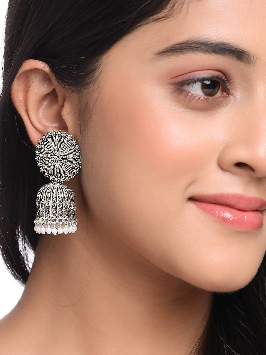 NVR Women Silver Toned Dome Shaped Jhumkas Earrings