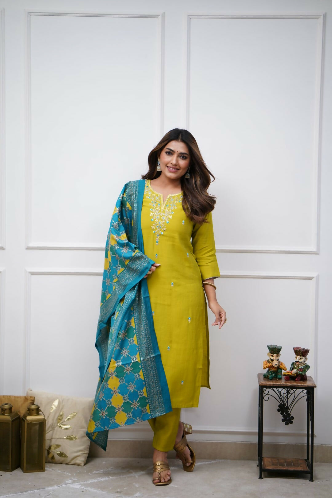 The52 Lemon Beautiful Embroidered Viscose Chanderi Fabric Straight Kurta Pant with Dupatta Set