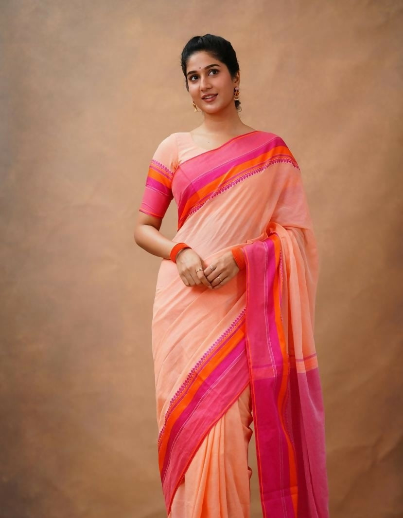 Exclusive Collection Light Orange Beautiful Khadi Cotton Handloom Saree