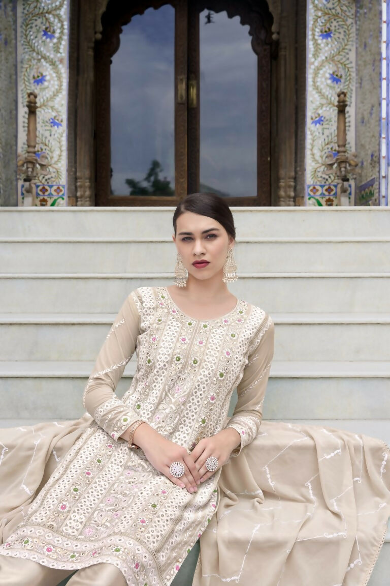 Jyoti Fashion Women's Beige Faux Georgette Heavy Embroidery and Moti Work Kurta Set