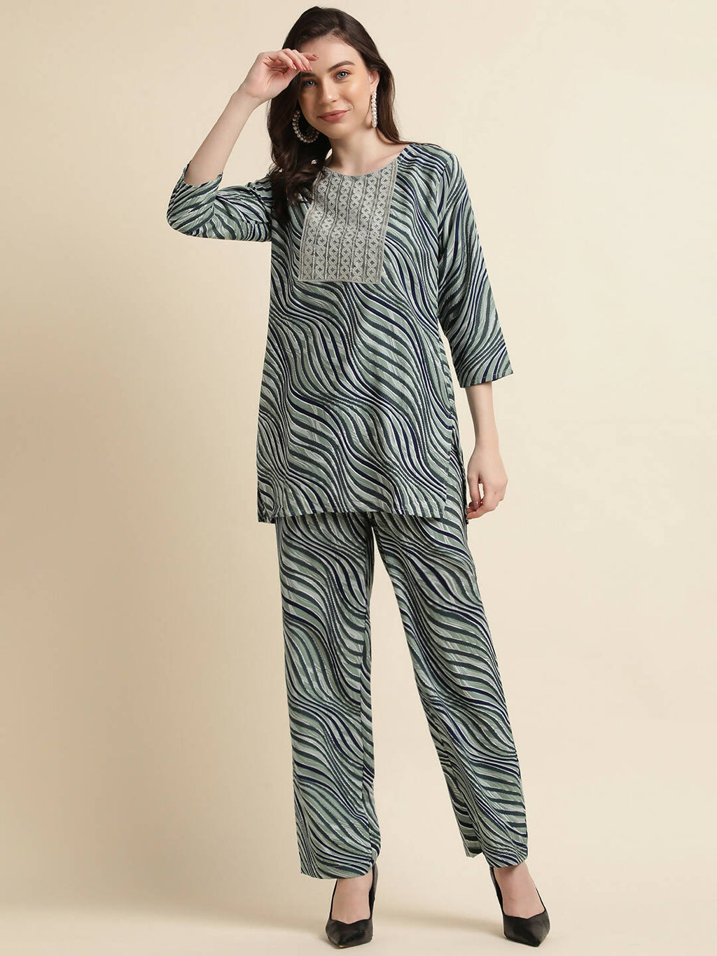 Green Poly Crepe Digital Printed Top with Matching Bottom - Preeti