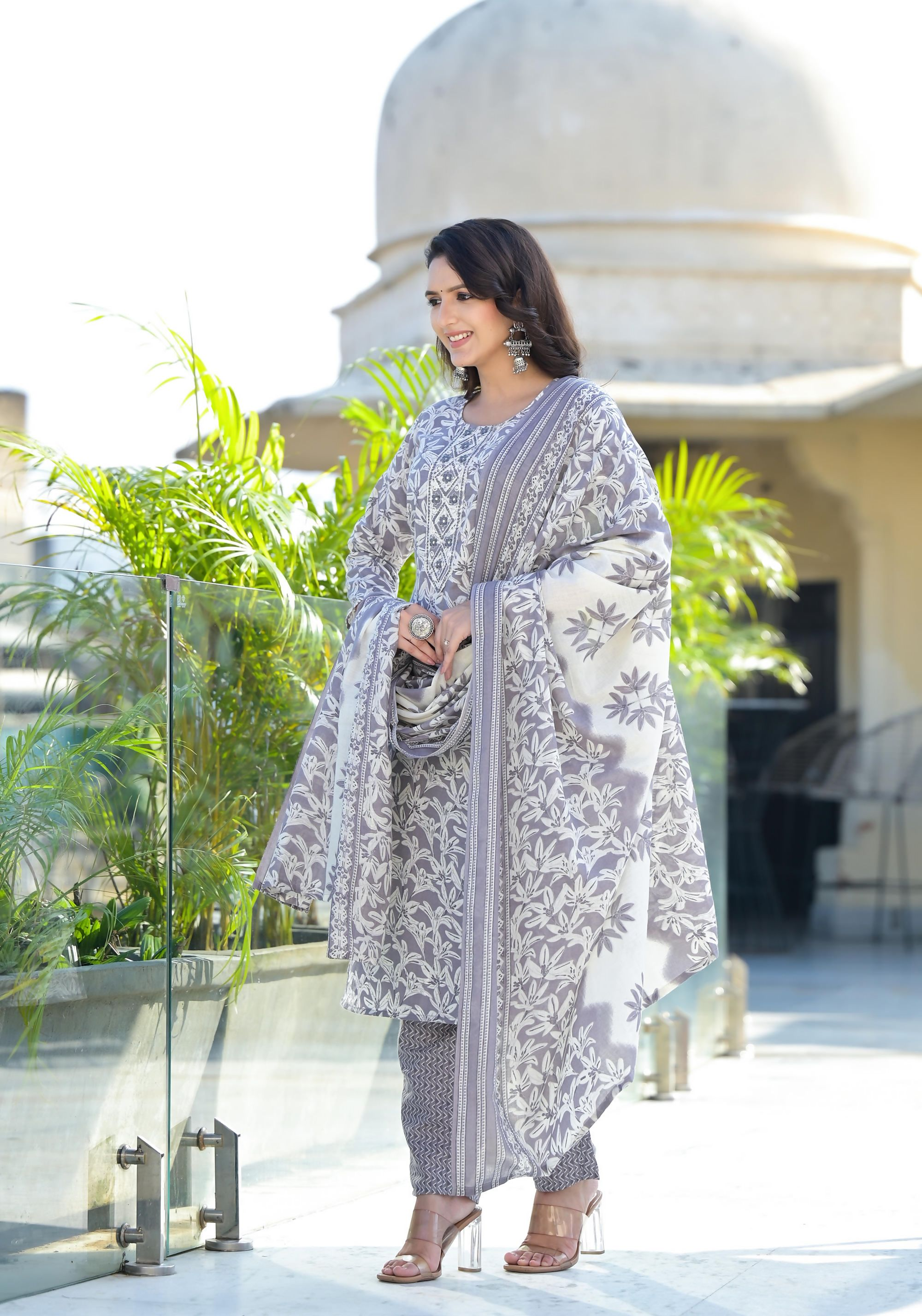 Juniper Women's Grey Floral Printed Cotton Kurta Set With Thread & Mirror Work