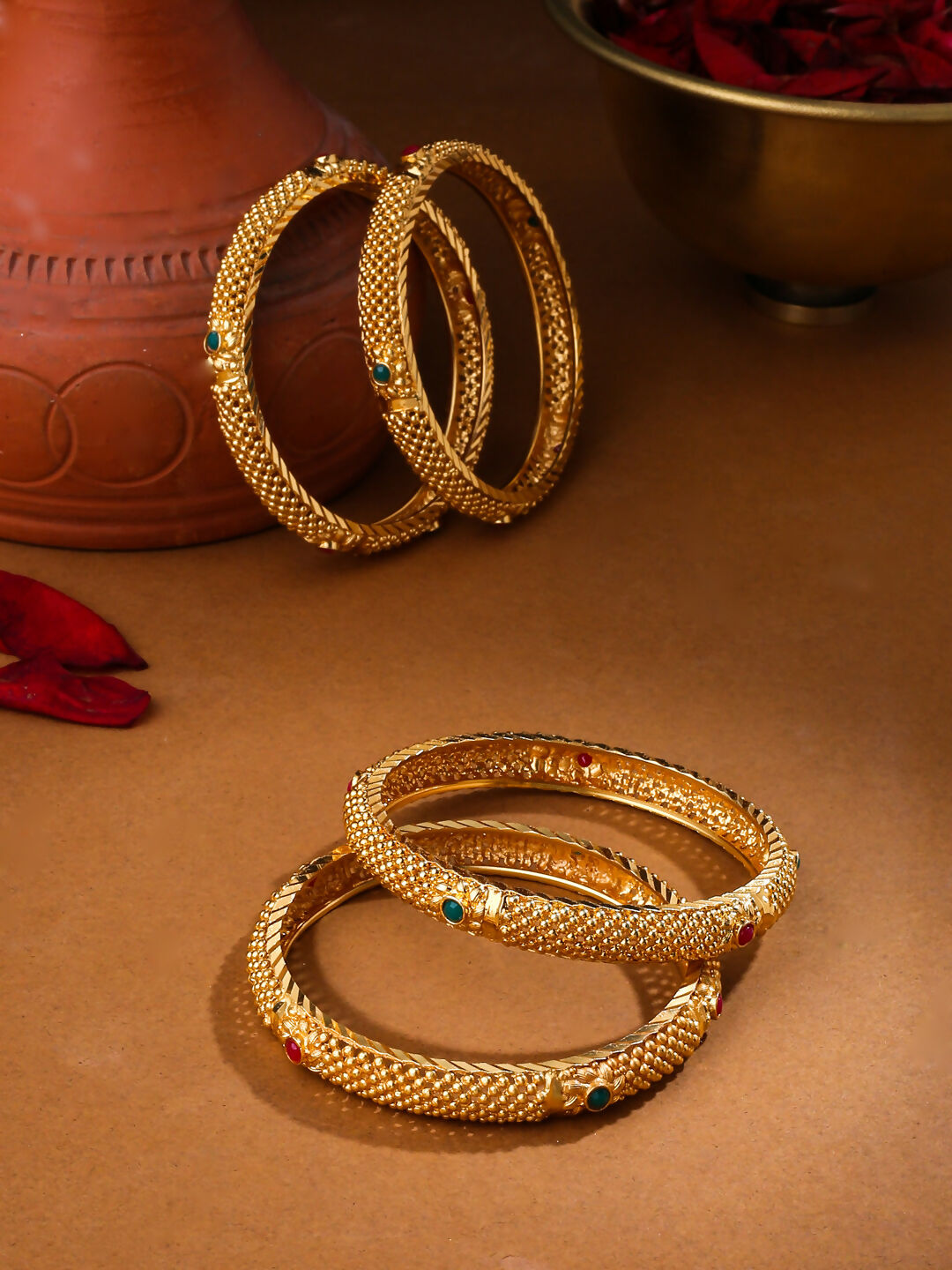 NVR Women's Set of 4 Gold-Polished Traditional Bangles