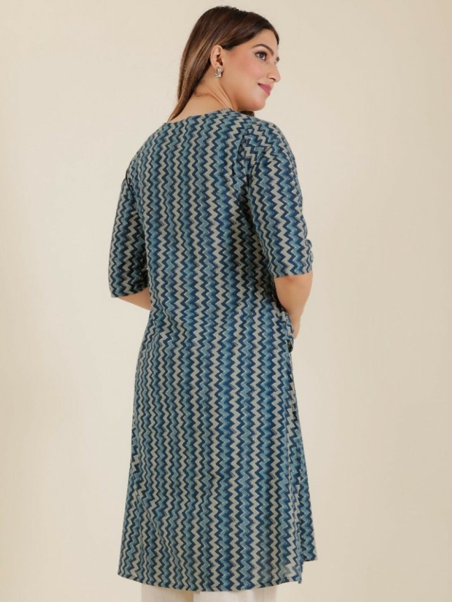 Aramya Blue Soft Cotton Chevron A-line Kurta for Women