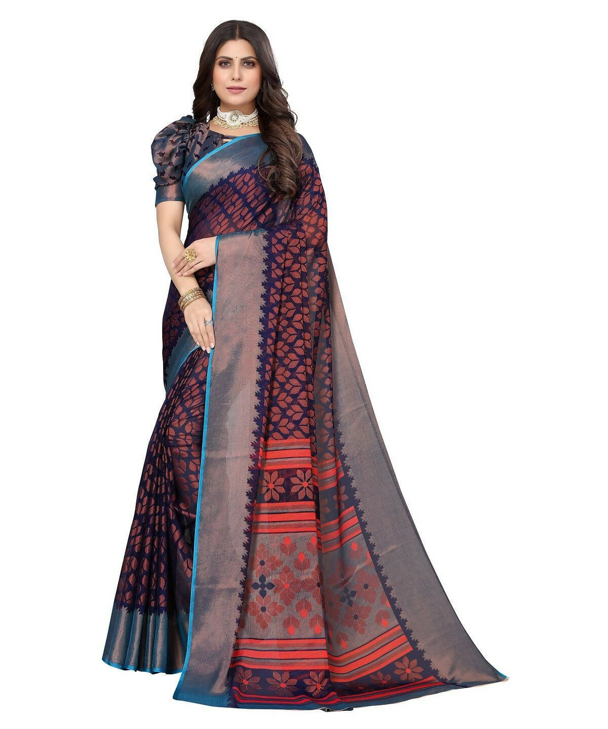 Vamika Navy Chiffon Brasso Bollywood Style Woven Saree (ALIZA NAVY)