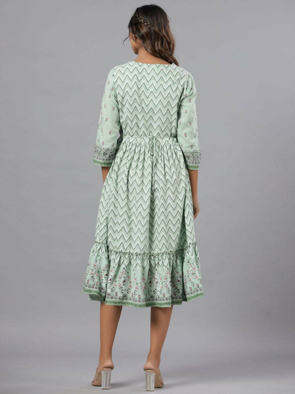 Juniper Women Sage Green Rayon Printed Jacket Style Midi Dress