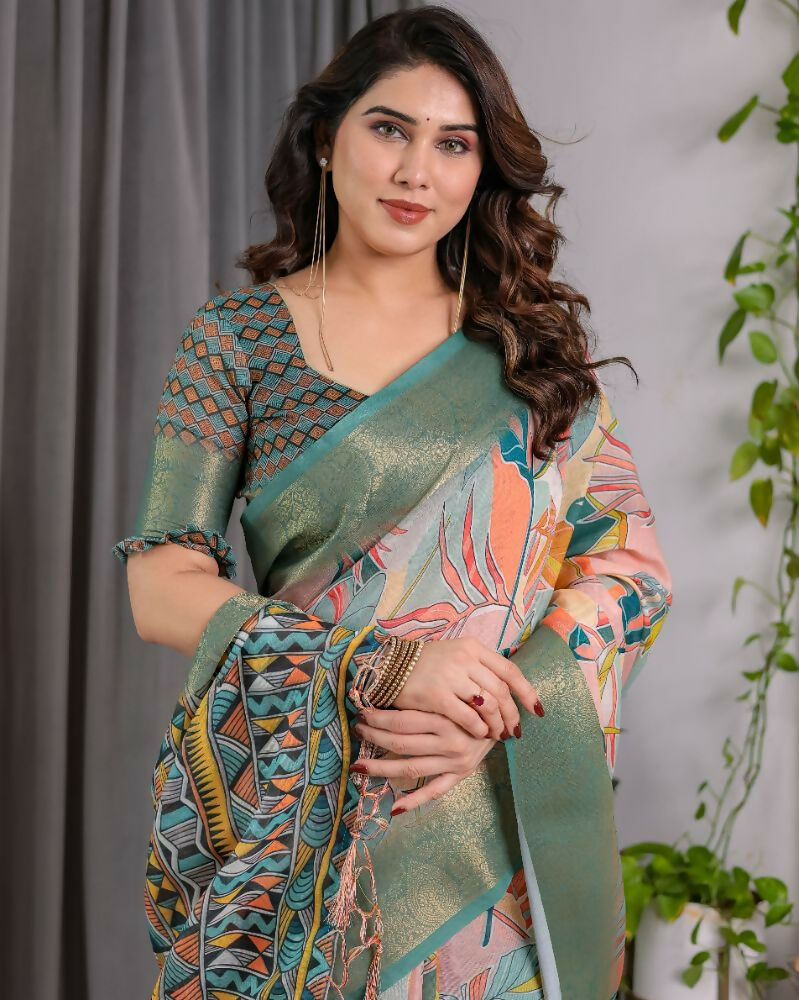 PR Fashion Olive Pure Handloom Linen Saree