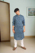 Souchii Men's Ethnic Printed Pure Cotton Kurta – Indigo Leaf Motif
