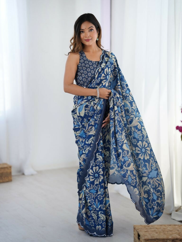 Blue Chinon Designer Digital Printed,Mirror Cut Work Saree - Manvika