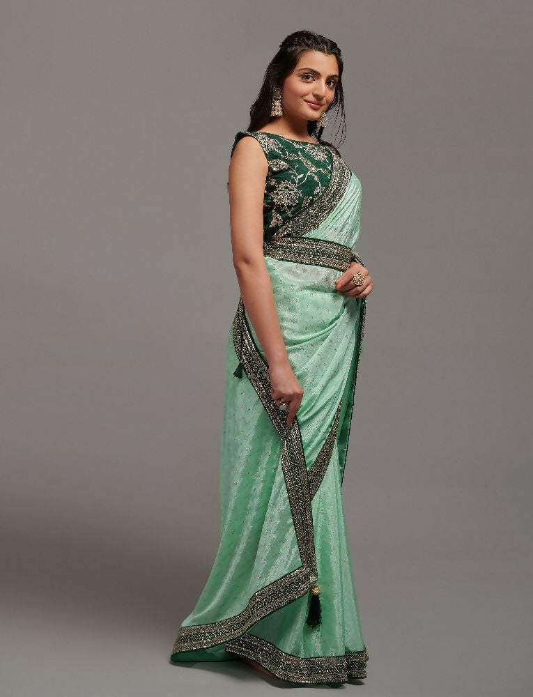 PR Fashion Pista Chinon Embroidery Lace Saree